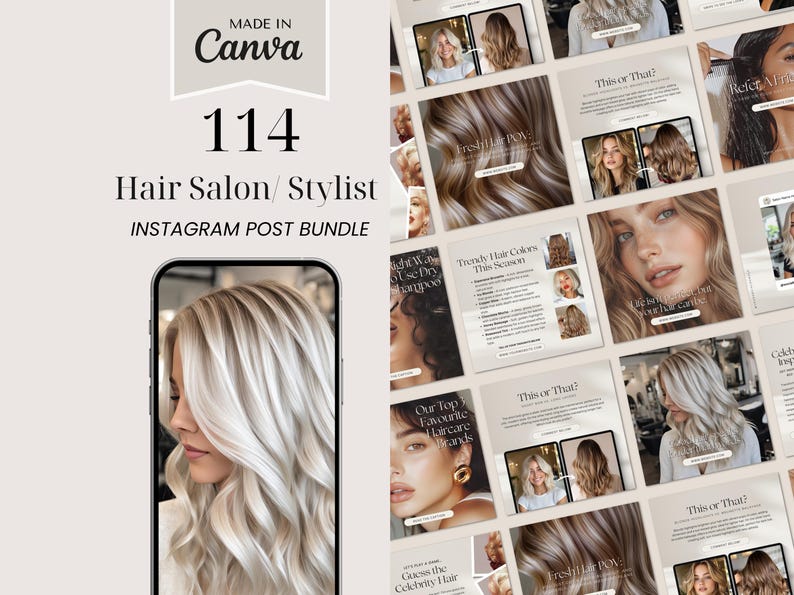 Hair salon instagram posts bundle, hair stylist instagram posts, hair stylist insta, social media branding, branding kits, 100 hair salon posts, facebook posts, instagram portrait Posts, business stock photos for hair, hair photos, instagram canva