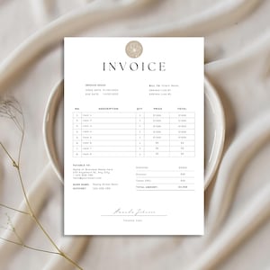 May include: A minimalist invoice template featuring a floral logo. The invoice includes an invoice number, issue date, due date, bill to information, a table with item number, description, quantity, price, and total, and a section for payment information. The total amount is £5,100.