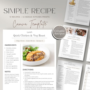 Modelo de receita editável minimalista Canva, receita para impressão, download digital de impressões de fichário de cozinha, modelo de receita simples, fichário de receitas