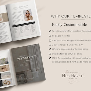 May include: A business plan template with a beige background and the text "BUSINESS PLAN" in black. The template includes 57 pages and is customizable with your own images, colours, photos, text, and font.