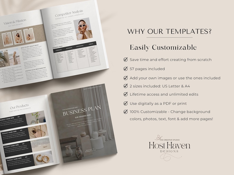 May include: A business plan template with a beige background and the text "BUSINESS PLAN" in black. The template includes 57 pages and is customizable with your own images, colours, photos, text, and font.