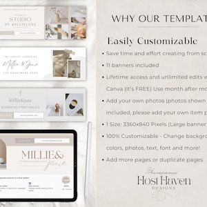 Puede incluir: Una plantilla de marketing digital para vendedores de Etsy. La plantilla presenta una paleta de colores neutros con beige, blanco y marr&oacute;n. El texto en la plantilla dice "The Concept Corner by Millie & Jane, The Handmade Shop".