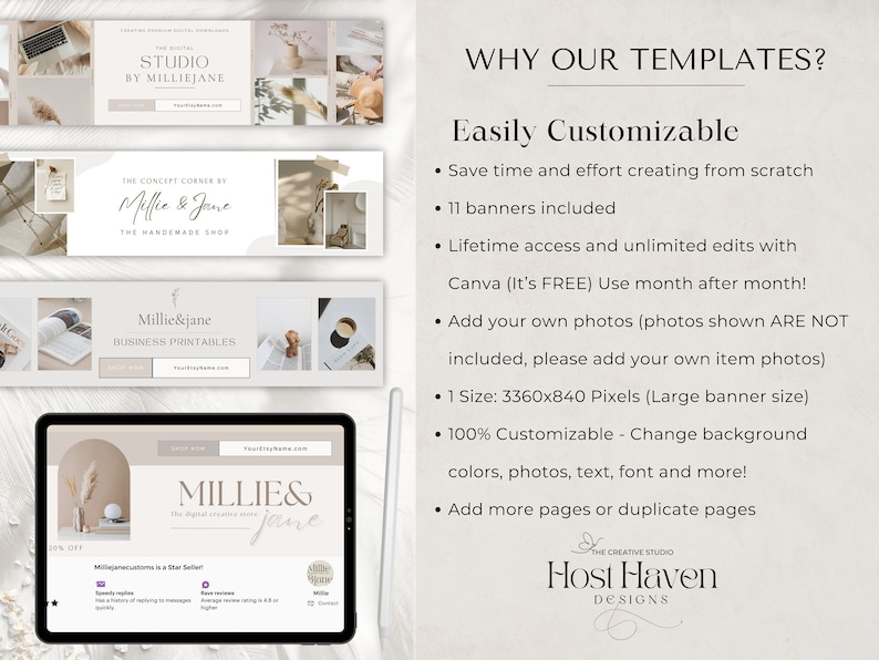 Puede incluir: Una plantilla de marketing digital para vendedores de Etsy. La plantilla presenta una paleta de colores neutros con beige, blanco y marr&oacute;n. El texto en la plantilla dice "The Concept Corner by Millie & Jane, The Handmade Shop".