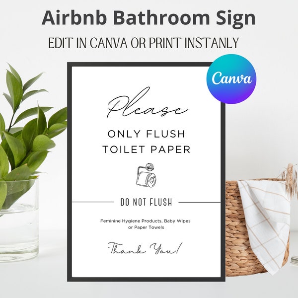 Modern Airbnb Bathroom Sign, Flush Only Toilet Paper, Septic System, Do Not Flush Sign, Vacation Rental Printable Sign, Airbnb Toilet Sign