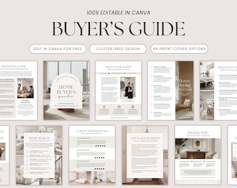 May include: A buyer's guide with a minimalist design featuring a home buyer's guide, finances guide, meet your agent, home buying process, frequently asked questions, client testimonials, home search, let's get started, and thank you pages. The guide is 100% editable in Canva.