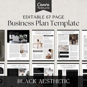 Pode incluir: Um modelo de plano de negócios em preto e branco com o texto "Modelo de plano de negócios editável de 67 páginas" e "Estética preta". O modelo inclui seções para boas-vindas, descrição do negócio, visão e missão, o problema e a solução, operação e logística, análise de mercado, mercado-alvo, análise da concorrência e previsão financeira.