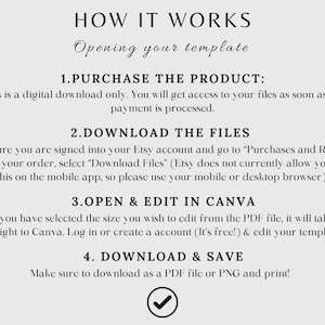 Puede incluir: Un fondo blanco con texto negro que explica c&oacute;mo comprar, descargar, editar y guardar una plantilla digital. El texto incluye los pasos: 1. Comprar el producto, 2. Descargar los archivos, 3. Abrir y editar en Canva, y 4. Descargar y guardar. Una marca de verificaci&oacute;n se encuentra en la parte inferior de la imagen.