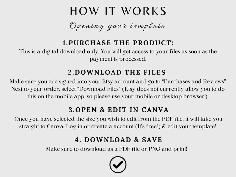 Puede incluir: Un fondo blanco con texto negro que explica c&oacute;mo comprar, descargar, editar y guardar una plantilla digital. El texto incluye los pasos: 1. Comprar el producto, 2. Descargar los archivos, 3. Abrir y editar en Canva, y 4. Descargar y guardar. Una marca de verificaci&oacute;n se encuentra en la parte inferior de la imagen.