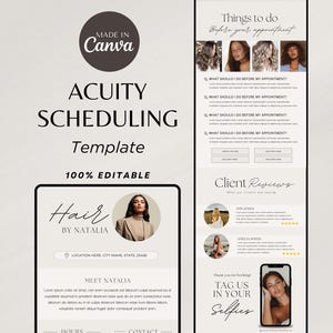 May include: A template for scheduling appointments using Acuity Scheduling. The template features a minimalist design with a black and white colour scheme. The text "Hair by Natalia" is displayed in a handwritten font. The template includes sections for client reviews, things to do before an appointment, and a call to action to tag the business in selfies.