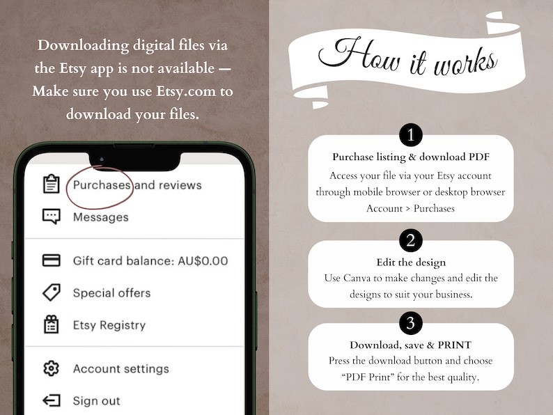 May include: A screenshot of the Etsy app showing the menu options for Purchases and reviews, Messages, Gift card balance, Special offers, Etsy Registry, Account settings, and Sign out. The text "Downloading digital files via the Etsy app is not available - Make sure you use Etsy.com to download your files." is displayed at the top of the image. On the right side of the image, a white banner with the text "How it works" is displayed. Below the banner, three steps are listed: 1. Purchase listing & download PDF, 2. Edit the design, and 3. Download, save & PRINT.