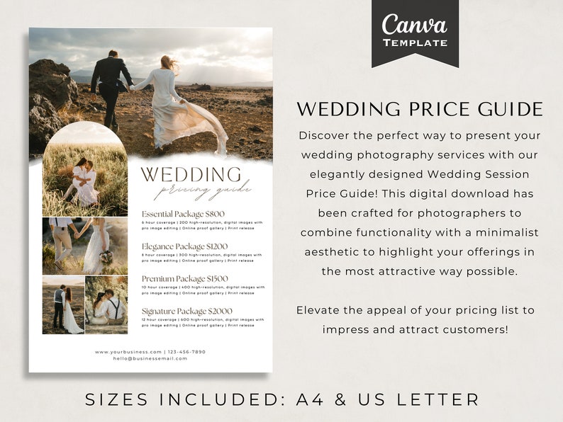 Pricing Template, Wedding Photography, Canva Template, Wedding Pricing, Price Guide list, Marketing Brochure, Wedding Price List, Photography brochure, Price Guide, wedding package, pricing sheet, Price List, mini session guide