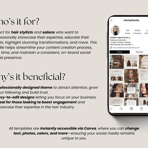 May include: A screenshot of a website promoting social media templates for hair stylists and salons. The website features a mock-up of an Instagram profile with a grid of images and the text "HairbyNatalia". The text on the website reads "Who's it for?" and "Why's it beneficial?" with bullet points describing the benefits of using the templates.