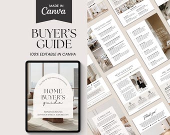 May include: A digital guide for home buyers with a beige and white color scheme. The guide includes information on frequently asked questions, meeting your agent, the home buying process, closing day, and pre-approval. The guide is 100% editable in Canva.