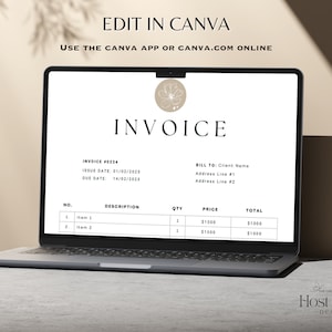 Może przedstawiać: Ekran laptopa wyświetlający minimalistyczny szablon faktury z tekstem "INVOICE" w dużej czcionce. Faktura zawiera pola na numer faktury, datę wystawienia, datę płatności, odbiorcę, opis, ilość, cenę i sumę. Szablon został zaprojektowany do edycji w Canva.