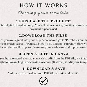 May include: A white background with black text explaining how to purchase, download, edit, and save a digital template. The text includes the steps: 1. Purchase the Product, 2. Download the Files, 3. Open & Edit in Canva, and 4. Download & Save. A checkmark is at the bottom of the image.