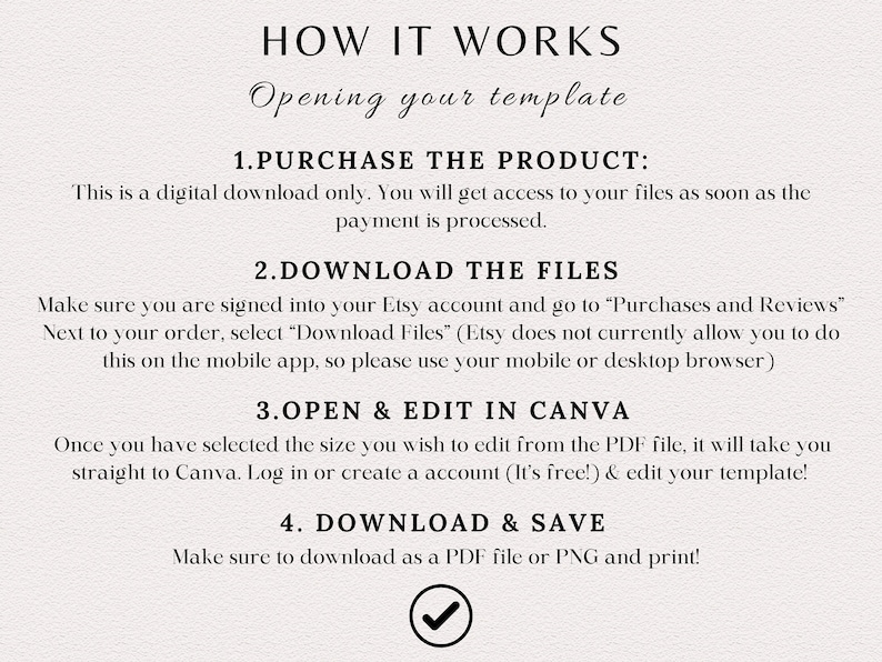 May include: A white background with black text explaining how to purchase, download, edit, and save a digital template. The text includes the steps: 1. Purchase the Product, 2. Download the Files, 3. Open & Edit in Canva, and 4. Download & Save. A checkmark is at the bottom of the image.