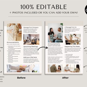 May include: A before and after image showing how to customize a newsletter template. The before image shows a newsletter with a message from a company, announcements, upcoming meetings, and a charity auction event. The after image shows a newsletter with a message from us, announcements, happening this week, and a charity auction event. The text on the image says "100% Editable + Photos Included or You Can Add Your Own! Edit in Canva".