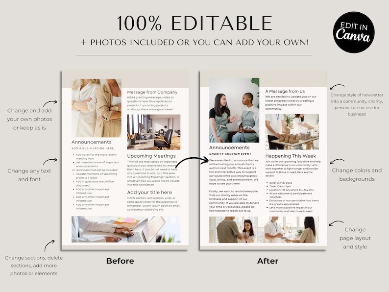 May include: A before and after image showing how to customize a newsletter template. The before image shows a newsletter with a message from a company, announcements, upcoming meetings, and a charity auction event. The after image shows a newsletter with a message from us, announcements, happening this week, and a charity auction event. The text on the image says "100% Editable + Photos Included or You Can Add Your Own! Edit in Canva".