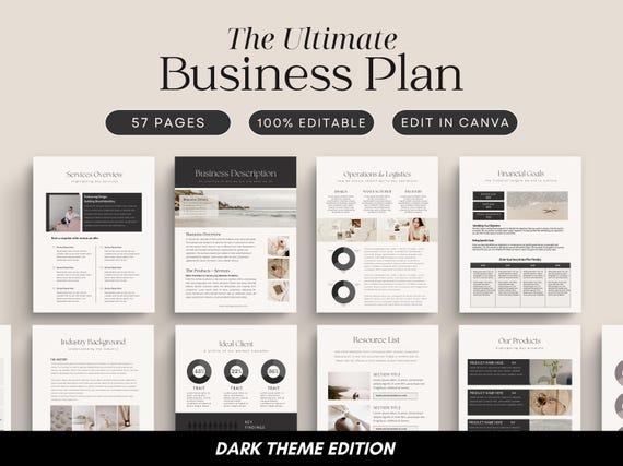 Dark Business Plan Template | 57-Page Small Business Planner (Canva)