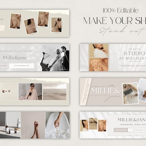 Puede incluir: Un conjunto de plantillas de banners de redes sociales para una tienda llamada Millie & Jane. Las pancartas presentan una variedad de im&aacute;genes, incluyendo fotos de joyas, una pareja y una escena de playa. El texto en las pancartas incluye el nombre de la tienda, "Millie & Jane", y la frase "Joyer&iacute;a hecha a mano".