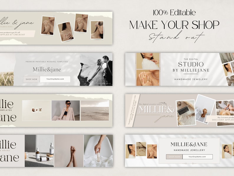 Puede incluir: Un conjunto de plantillas de banners de redes sociales para una tienda llamada Millie & Jane. Las pancartas presentan una variedad de im&aacute;genes, incluyendo fotos de joyas, una pareja y una escena de playa. El texto en las pancartas incluye el nombre de la tienda, "Millie & Jane", y la frase "Joyer&iacute;a hecha a mano".