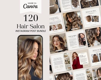 May include: A collection of 120 Instagram post templates for hair salons. The templates feature a variety of images, including models with different hairstyles, hair care tips, and salon services. The text "120 Hair Salon Instagram Post Bundle" is displayed in large, bold letters at the top of the image.