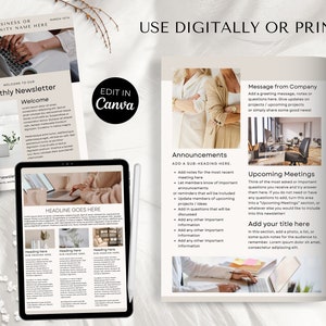 May include: A digital newsletter template with a beige background and black text. The template includes sections for a welcome message, announcements, upcoming meetings, and a message from the company. The template is designed to be used digitally or printed.