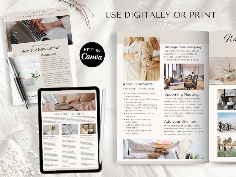 May include: A digital newsletter template with a beige background and black text. The template includes sections for a welcome message, announcements, upcoming meetings, and a message from the company. The template is designed to be used digitally or printed.
