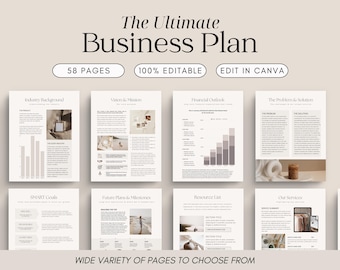 May include: A mockup of a business plan template with 58 pages, 100% editable in Canva. The template features a variety of pages, including industry background, vision and mission, financial outlook, the problem and solution, SMART goals, future plans and milestones, resource list, and our services. The template is designed with a minimalist aesthetic and features a neutral color palette.