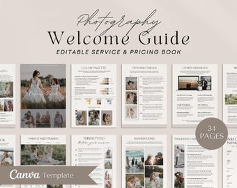 Puede incluir: Una plantilla de Canva para una guía de bienvenida de fotografía con 34 páginas. La plantilla incluye secciones para paletas de colores, consejos y trucos, otros servicios, preguntas frecuentes y servicios adicionales. La plantilla está diseñada para ayudar a los fotógrafos a crear una guía de bienvenida profesional e informativa para sus clientes.