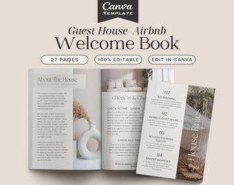 May include: A welcome book template for a guest house or Airbnb. The cover features a photo of a bathroom with a bathtub and a plant. The book includes pages for "About The House", "Check In & Check Out", and "House Rules".
