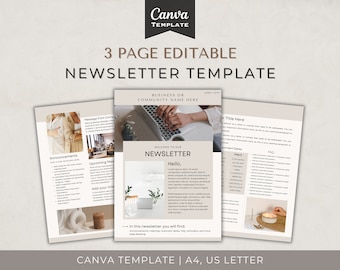 Editable Business Newsletter Template, Modern Minimalist Design (Canva, 3 Page)
