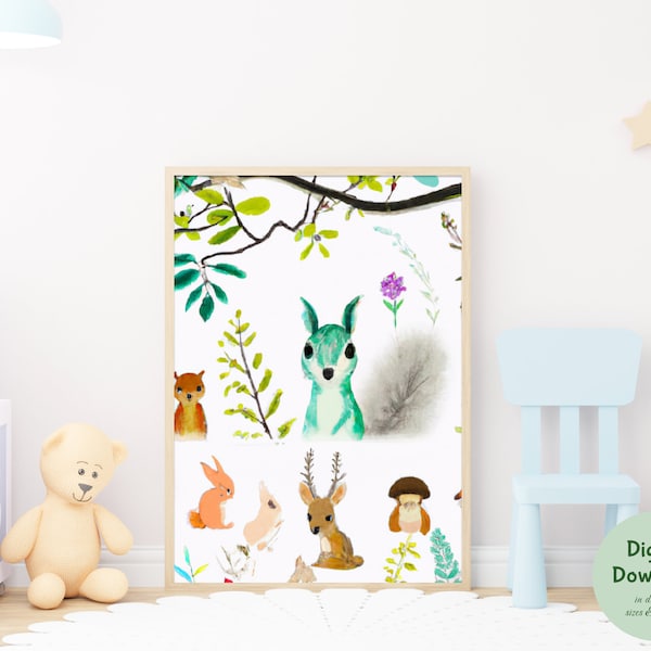 Whimsical Woodland Wonders - Enchanted Animal Friends Digital Wall Art for Kids, Inspiring Kids' Decor in Toddler Rooms - Digital Files