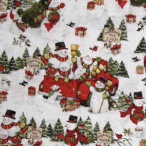 May include: A festive fabric pattern featuring snowmen, Christmas trees, and wrapped gifts on a white background. Snowmen wear top hats and red scarves, some riding in a red truck. The scene evokes a winter holiday theme.
