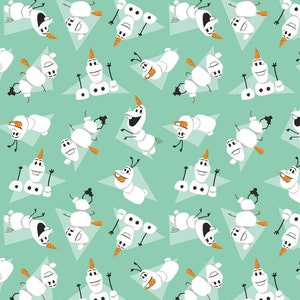 May include: A teal blue fabric with a repeating pattern of white snowmen with orange carrot noses. The snowmen are in various poses, some with arms outstretched, some with arms at their sides, and some with arms crossed. The fabric is perfect for crafting projects, such as quilting, sewing, and scrapbooking.