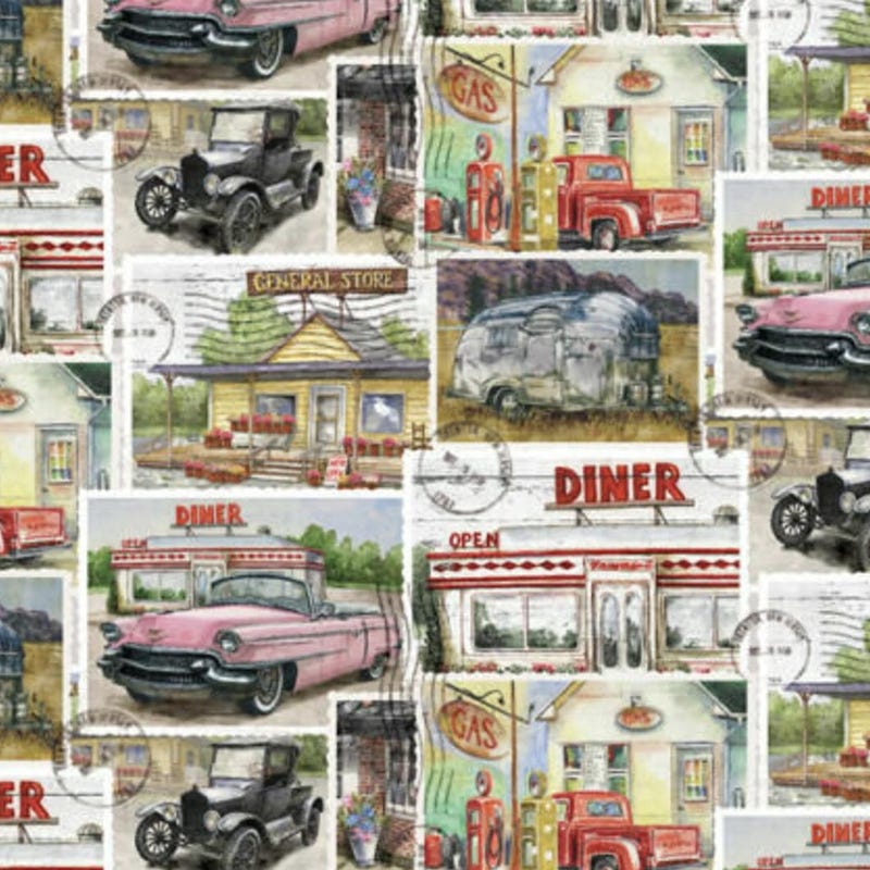 Cotton Oxford Printed Fabric - Vintage cars