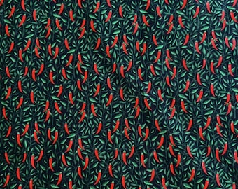 Red Chili Peppers on Black - 100% Cotton Fabric  - Sold by the Half Yard