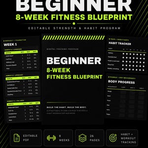 Puede incluir: Un programa de fitness digital en negro y verde neón titulado Beginner 8-Week Fitness Blueprint. Incluye rutinas de entrenamiento para tren inferior, superior y cuerpo completo, un rastreador de hábitos y una tabla de progreso corporal.