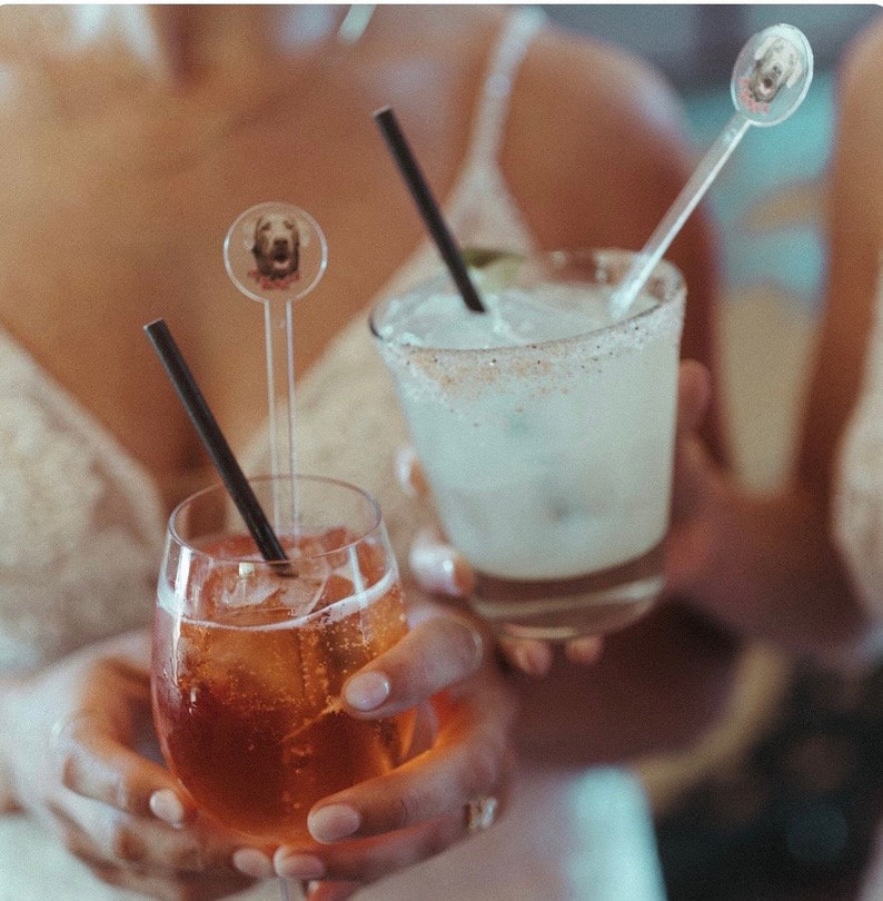 K&ouml;nnte beinhalten: Zwei Cocktails mit personalisierten Getr&auml;nke-R&uuml;hrst&auml;bchen mit Hundefotos. Der eine Cocktail ist hellorange und der andere ist klar, hellgelb.