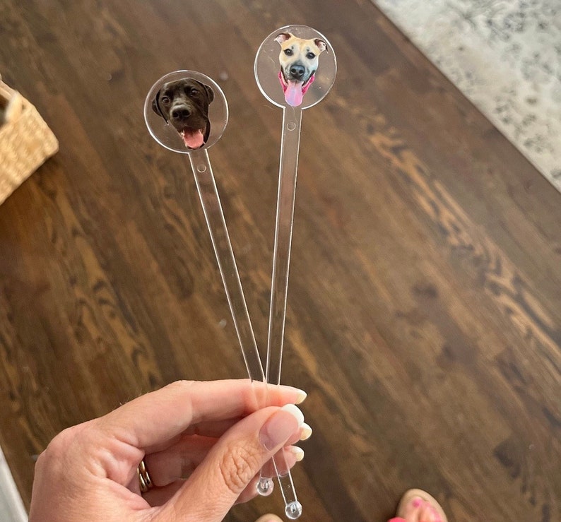 K&ouml;nnte beinhalten: Zwei klare Plastik-Trinkr&uuml;hrer mit runden, bunten Foto-Toppern mit Hundefiguren. Der Hund links ist schwarz und der Hund rechts ist braun.
