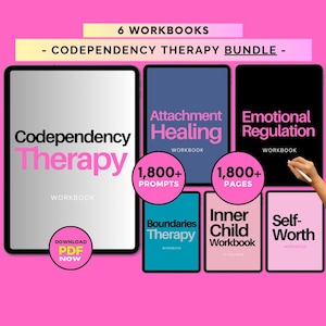 May include: A bundle of six digital workbooks for codependency therapy. The workbooks are titled "Codependency Therapy", "Attachment Healing", "Emotional Regulation", "Boundaries Therapy", "Inner Child Workbook", and "Self-Worth". Each workbook has a different color and features a title, a description, and the number of prompts or pages included. The workbooks are displayed on a pink background.