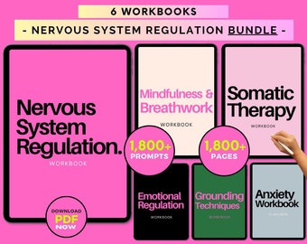 Könnte beinhalten: Ein rosa Hintergrund mit sechs digitalen Arbeitsbüchern zur Regulierung des Nervensystems. Die Arbeitsbücher sind betitelt: Regulierung des Nervensystems, Achtsamkeit & Atemarbeit, Somatische Therapie, Emotionale Regulierung, Erdungstechniken und Angst-Arbeitsbuch. Jedes Arbeitsbuch hat einen rosa, schwarzen oder grünen Hintergrund und enthält den Text "WORKBOOK". Die Arbeitsbücher enthalten über 1.800 Aufforderungen und 1.800 Seiten.