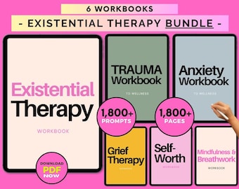 Könnte beinhalten: Ein digitales Bundle mit sechs Arbeitsbüchern zur existentiellen Therapie. Die Arbeitsbücher tragen die Titel: Existentielle Therapie, Trauma-Arbeitsbuch, Angst-Arbeitsbuch, Trauertherapie, Selbstwertgefühl und Achtsamkeit & Atemarbeit. Jedes Arbeitsbuch hat einen anderen Hintergrund in Farbe und zeigt den Text "1.800+ Aufforderungen" oder "1.800+ Seiten".