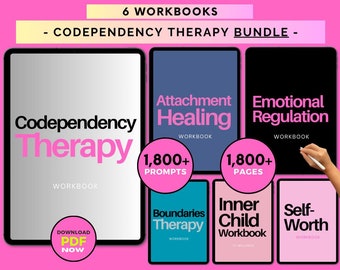 May include: A bundle of six digital workbooks for codependency therapy. The workbooks are titled "Codependency Therapy", "Attachment Healing", "Emotional Regulation", "Boundaries Therapy", "Inner Child Workbook", and "Self-Worth". Each workbook has a different color and features a title, a description, and the number of prompts or pages included. The workbooks are displayed on a pink background.