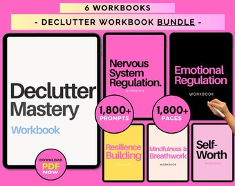 May include: A pink background with a digital illustration of six workbooks. The workbooks are titled "Declutter Mastery", "Nervous System Regulation", "Emotional Regulation", "Resilience Building", "Mindfulness & Breathwork", and "Self-Worth". Each workbook has a pink, yellow, or white background. The workbooks are part of a "Declutter Workbook Bundle".
