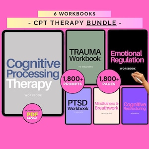 May include: A digital CPT therapy bundle with six workbooks. The workbooks include titles such as "Cognitive Processing Therapy," "Trauma Workbook," and "Emotional Regulation." The bundle includes over 1,800 prompts and pages. The image has a pink background.