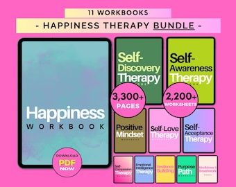 May include: A digital bundle of 11 workbooks titled Happiness Therapy Bundle, featuring a large Happiness Workbook and smaller guides including Self-Discovery, Self-Awareness, Positive Mindset, Self-Love, Self-Acceptance, and others on a pink background.