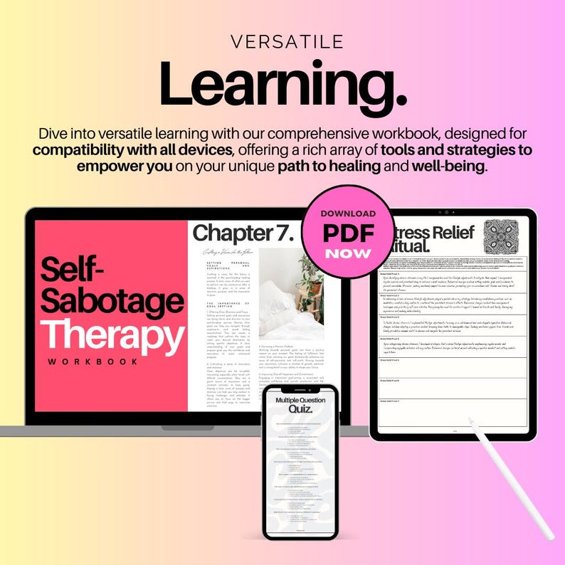 May include: A laptop computer displaying a pink and white workbook titled "Self-Sabotage Therapy Workbook". The workbook is open to Chapter 7. A tablet computer is displaying a worksheet titled "Stress Relief Ritual". A smartphone is displaying a quiz titled "Multiple Question Quiz".