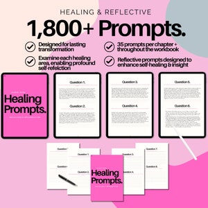 May include: A pink journal titled "Healing Prompts" with the text "Reflections & Implementation" is displayed with several tablets and loose pages. The image includes the text "1,800+ Prompts" and bullet points describing the journal's features.