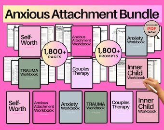 Puede incluir: Imagen del "Anxious Attachment Bundle" con cuadernos de trabajo para la autoestima, el trauma, la terapia de pareja y el niño interior. El paquete incluye más de 1.800 páginas y 1.800 indicaciones. Los cuadernos son rosas, verdes y grises con texto blanco.